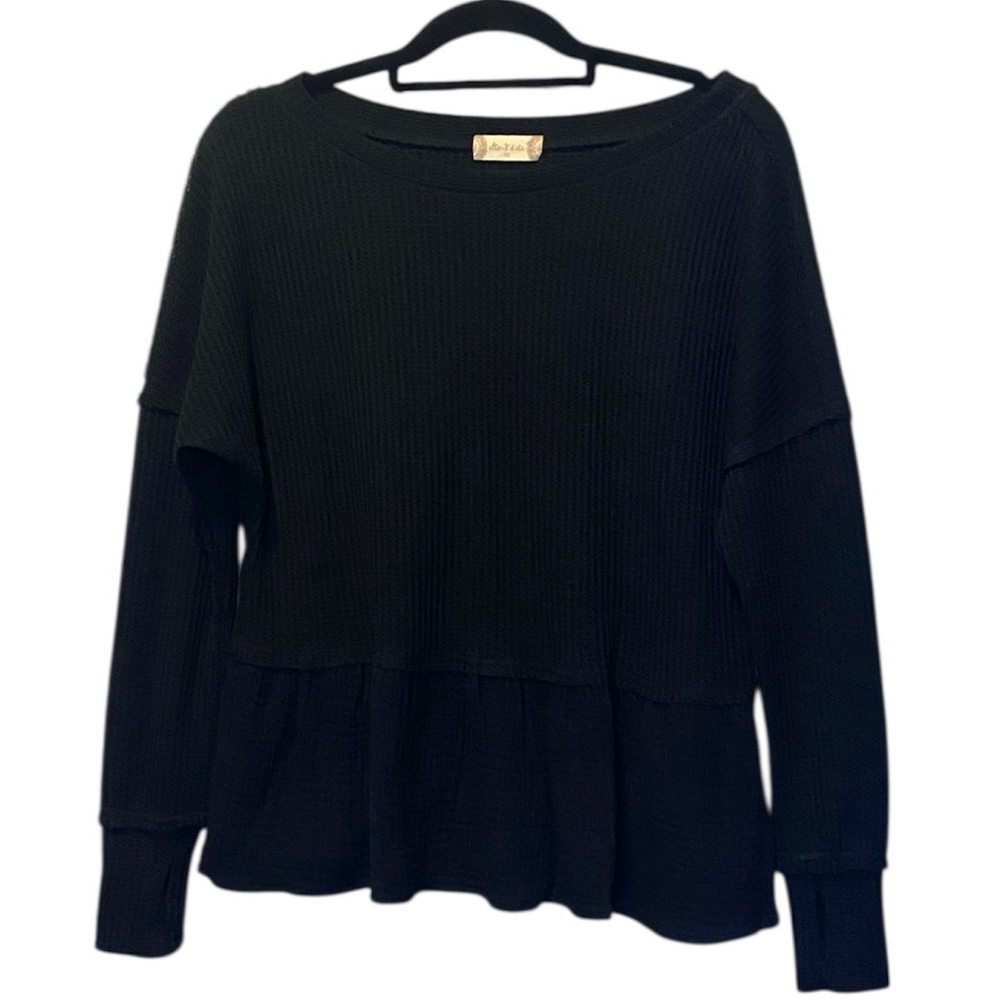 Altar’d State Waffle Knit Peplum Top Womens XS XSmall Black Long Sleeve Shirt